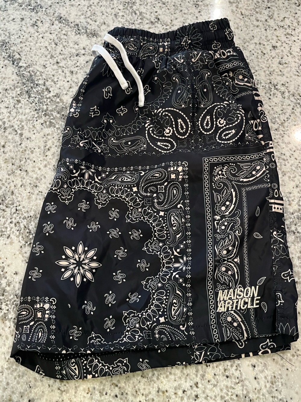 Maison Article Men’s XL 6” Inseam Swim Shorts Black & White Bandana Premium Esse